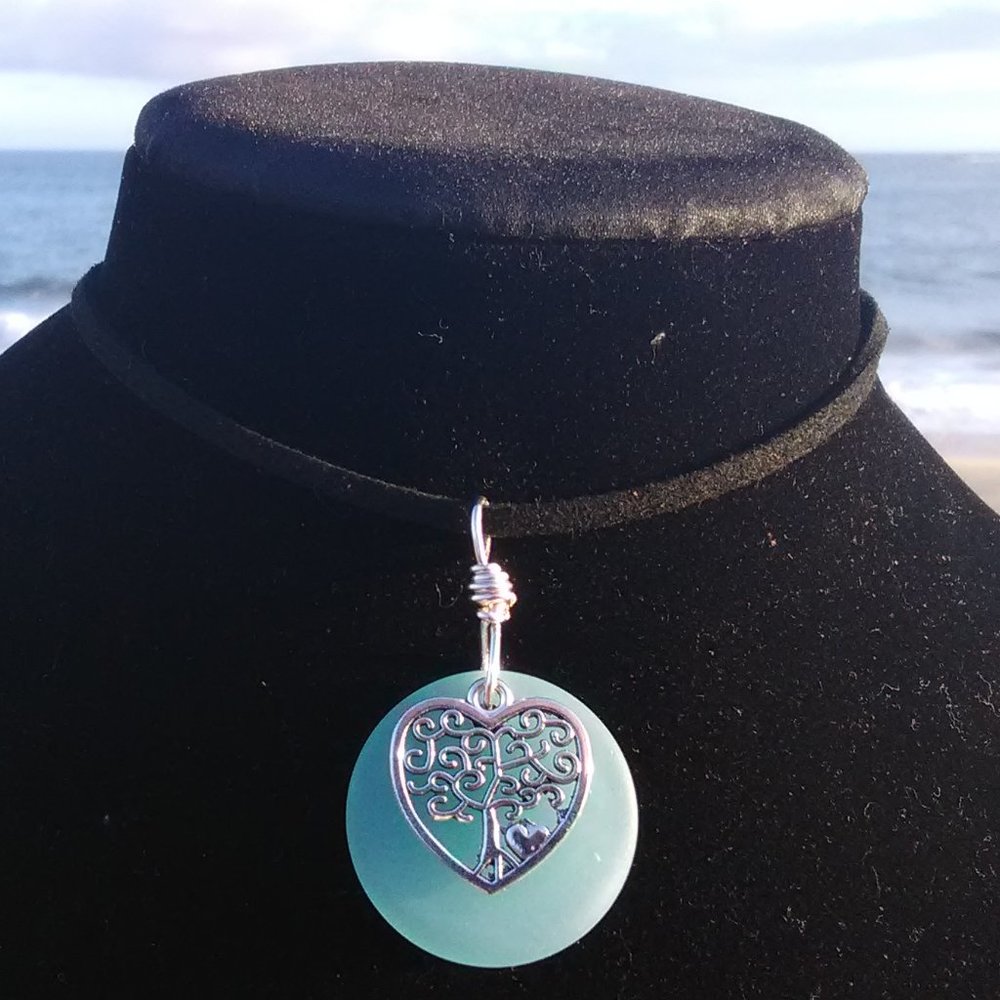 Light Blue Sea Glass Tree of Life Heart Necklace